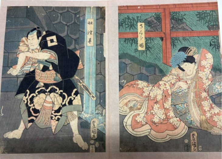 葛城市で買取した江戸時代の浮世絵。物語を描いた二枚続きの錦絵