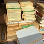 吉川弘文館の人物叢書の函が二列に積まれ、その下にDEGASの白い函と藤井乙男著作集の緑の帯の函が重なっている