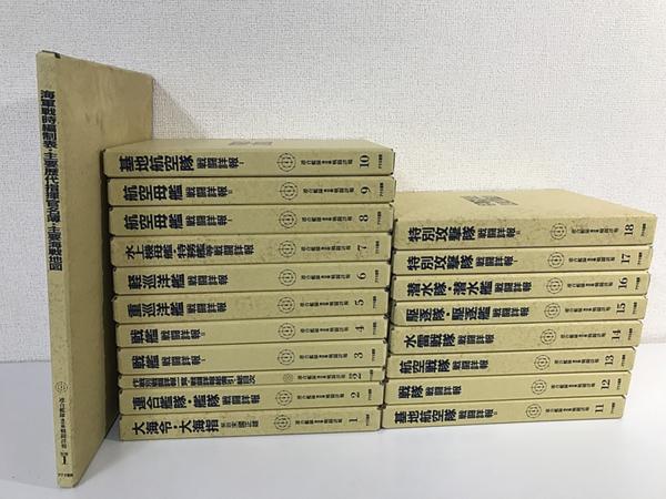 連合艦隊海空戦戦闘詳報20冊が積まれた状態。題簽を貼った函入りの揃い