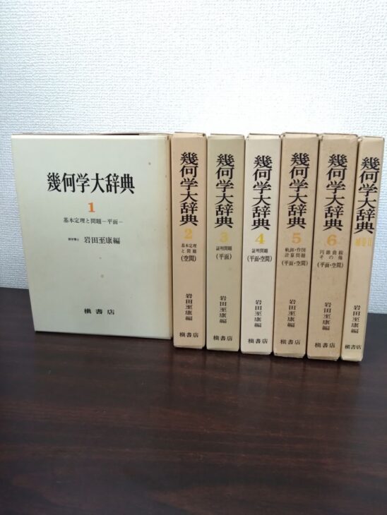 幾何学大辞典の函が並び、左に幅の広い第1巻、右に第2巻から第6巻と補巻IIが立ててある