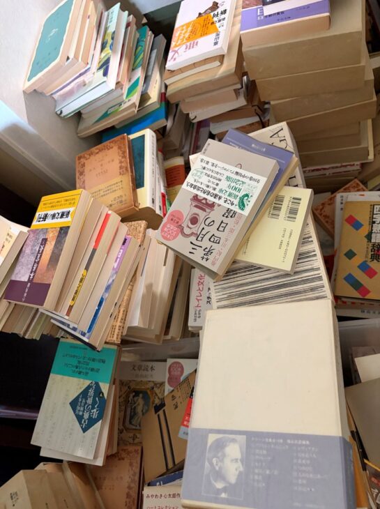 床一面に文庫と新書が高く積まれ、三島由紀夫『文章読本』や四字熟語辞典が混ざる部屋の様子