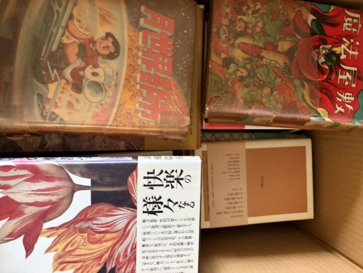 手塚治虫『魔法屋敷』と『月世界探検』の色刷りカバー、その下に『快楽の様々』の帯が見える段ボール