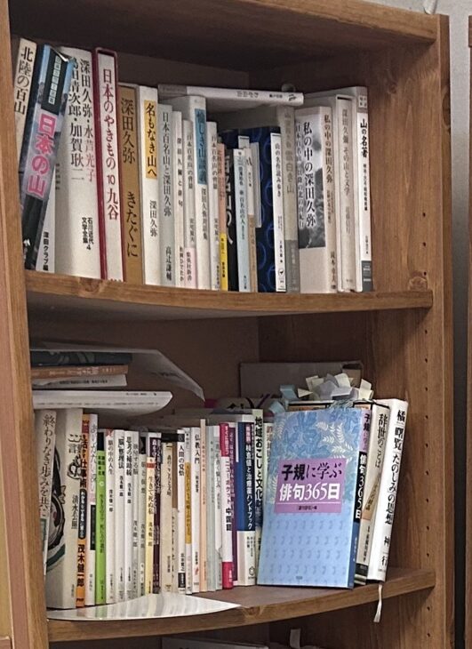 深田久弥『きたぐに』『名もなき山へ』や『石川近代文学全集4』、『子規に学ぶ俳句365日』が並ぶ木の書棚