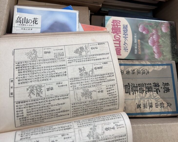 布施正直『高山の花』と『高山の植物ポケット図鑑』、前田陳爾『続・新選詰碁百題』、植物の絵と説明が並ぶ古い本
