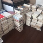 床に積んだ文庫と新書の山が何列も並ぶ。手前に岩波新書『紅衛兵の時代』、しおり紐の垂れた文庫が多い