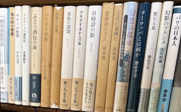 木の本棚に並ぶ中井久夫『家族の深淵』『アリアドネからの糸』『日時計の影』、清水茂『薔薇窓の下で』、饗庭孝男『幻想の都市』、窪田般彌『幻影のフランス』の背