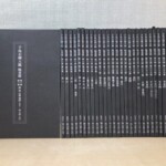 独立書人団『手島右卿大観』臨書篇30巻。左に大きな黒い函、右に黒い背の本30冊。背に巻数と漢、蘭亭序、王羲之之書、唐、平安などの巻名